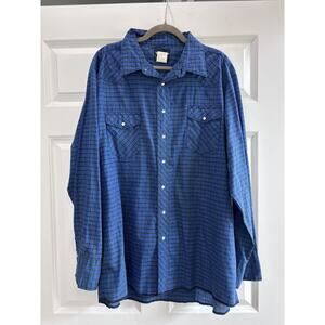 Wrangler Western Shirt 2XLT Blue Black Plaid Pearl Snap Long Sleeve Vintage